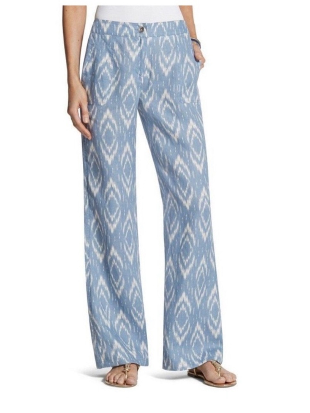 Chico's Ikat Patterned Wide Leg Pants in Blue and White size 3 = 16 XL